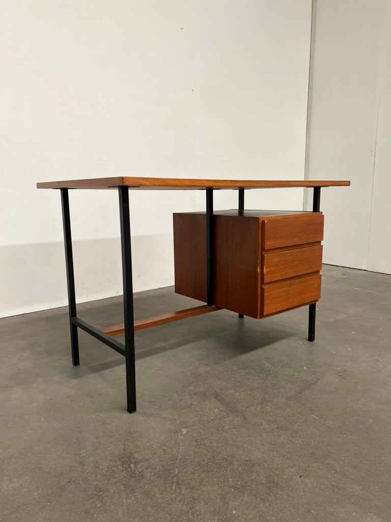 Bureau vintage teck et métal 3 tiroirs – bureau scandinave années 60