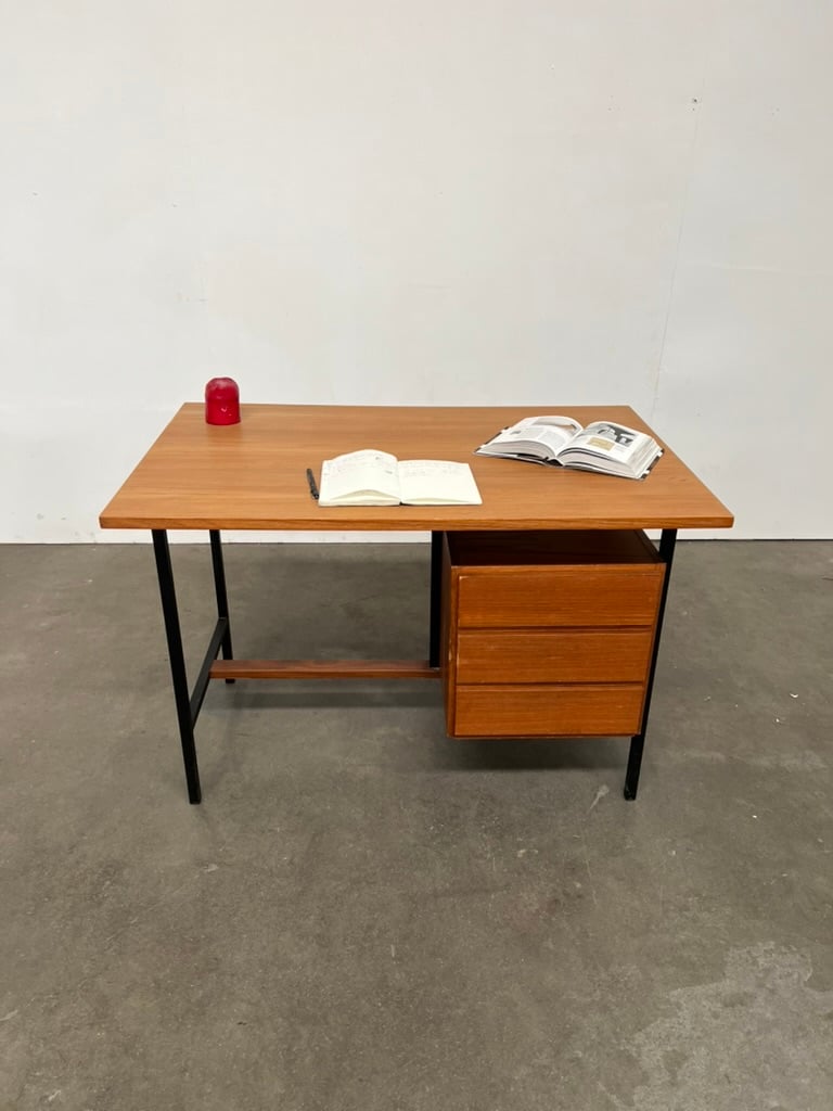 Bureau vintage teck et métal 3 tiroirs – bureau scandinave années 60