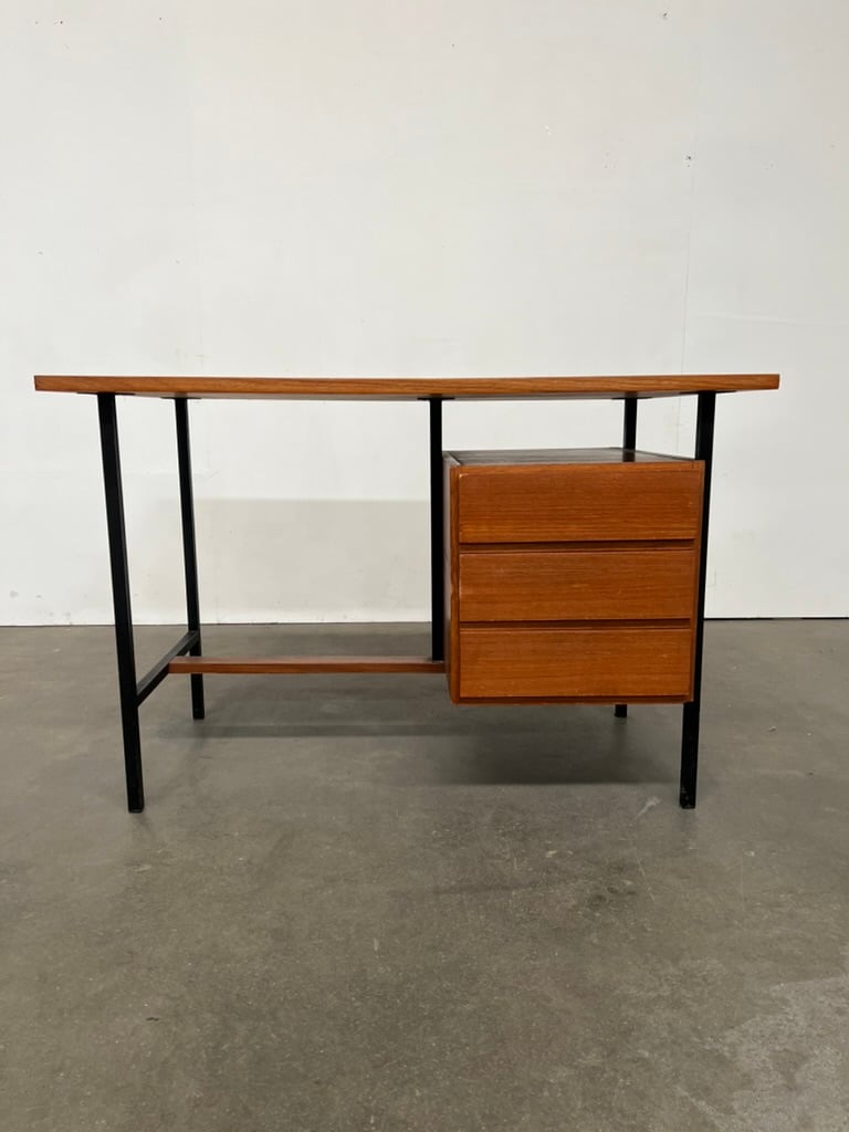 Bureau vintage teck et métal 3 tiroirs – bureau scandinave années 60