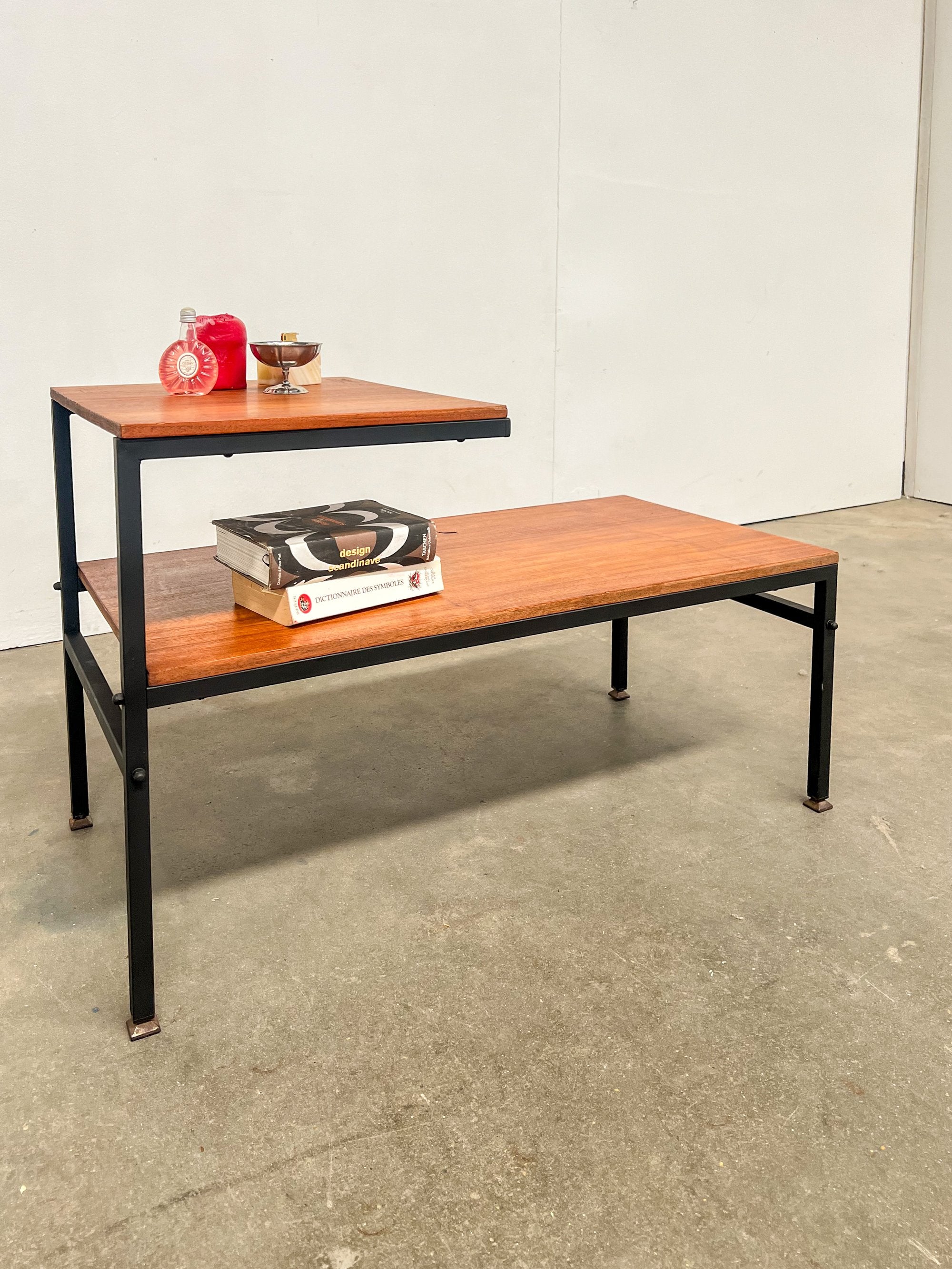 Table basse vintage à double plateau – teck et métal noir – années 70